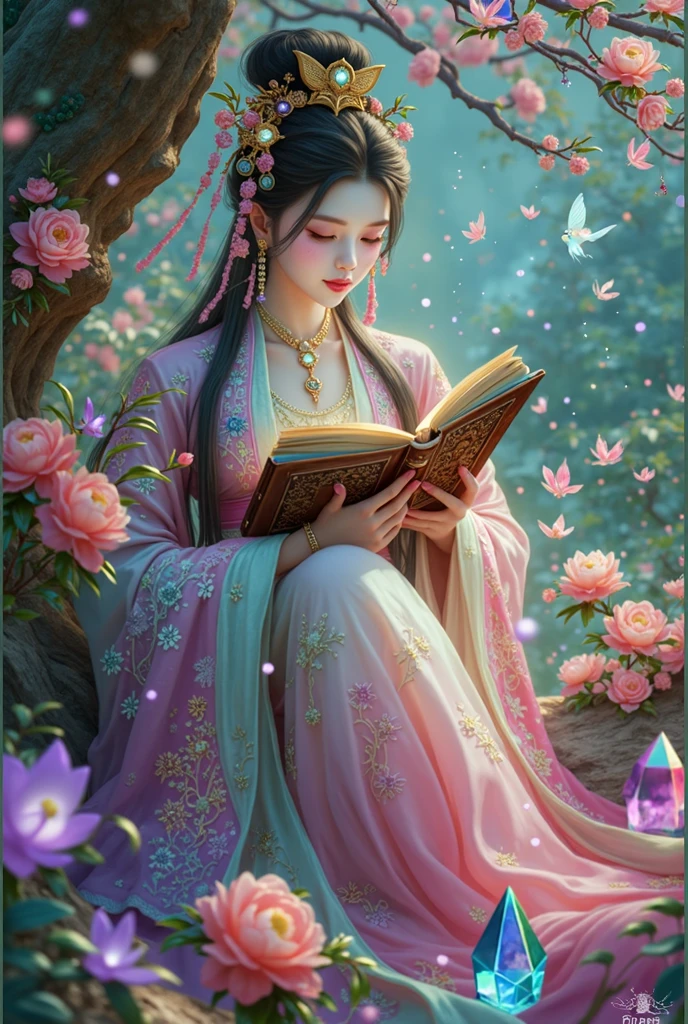 Imagine an ethereal fantasy landscape,Filled with countless pastel colors. In this peaceful scene, Asian people, Long flowing hair, Sitting Under a Giant, Ancient Trees. They devoted themselves to the creation of Crystal Diary. A wide variety of radiantly detailed healing crystals in multiple shades,Like Rose Quartz, amethyst, and citrine arranged in a circular pattern. Person, lightly dressed, Flowing clothes, Have an old, Use a leather-bound journal to record their observations, Thoughts, and feelings. The energizing and soothing energy of the crystal blends with the person's aura, Creating mysterious synergies. Ethereal creatures like glowing fairies and pixies float gently,Lighting up this sacred space.