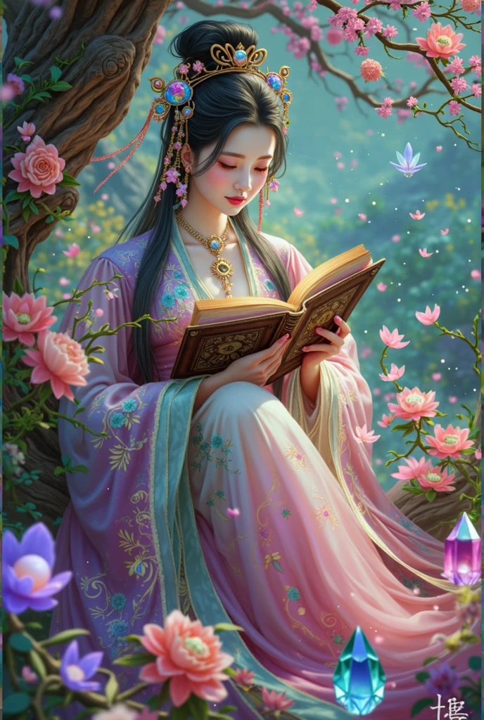 Imagine an ethereal fantasy landscape,Filled with countless pastel colors. In this peaceful scene, Asian people, Long flowing hair, Sitting Under a Giant, Ancient Trees. They devoted themselves to the creation of Crystal Diary. A wide variety of radiantly detailed healing crystals in multiple shades,Like Rose Quartz, amethyst, and citrine arranged in a circular pattern. Person, lightly dressed, Flowing clothes, Have an old, Use a leather-bound journal to record their observations, Thoughts, and feelings. The energizing and soothing energy of the crystal blends with the person's aura, Creating mysterious synergies. Ethereal creatures like glowing fairies and pixies float gently,Lighting up this sacred space.