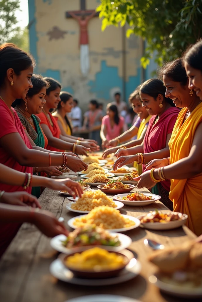 In a bustling outdoor setting, a group of Indian volunteers, consisting of men and women of various ages, with warm, gentle facial features and dark skin tones, dressed in simple yet vibrant clothing, including saris, kurtas, and salwar kameez, are enthusiastically serving steaming hot food to a crowd of impoverished individuals gathered around a long, makeshift table. The volunteers' hands are adorned with colorful bangles and simple wedding bands, as they extend plates of aromatic basmati rice, fragrant curries, and warm naan bread to those in need. The atmosphere is filled with a sense of community and compassion, as the volunteers engage with the recipients, offering warm smiles and gentle gestures. In the background, a faded, peeling mural of a crucifix and a subtle Indian pattern adorns the wall of a worn, rust-colored building, while the surrounding foliage is a lush, vibrant green. The image is bathed in warm, golden light, with a shallow depth of field, blurring the periphery to emphasize the emotional connection between the volunteers and those they serve.