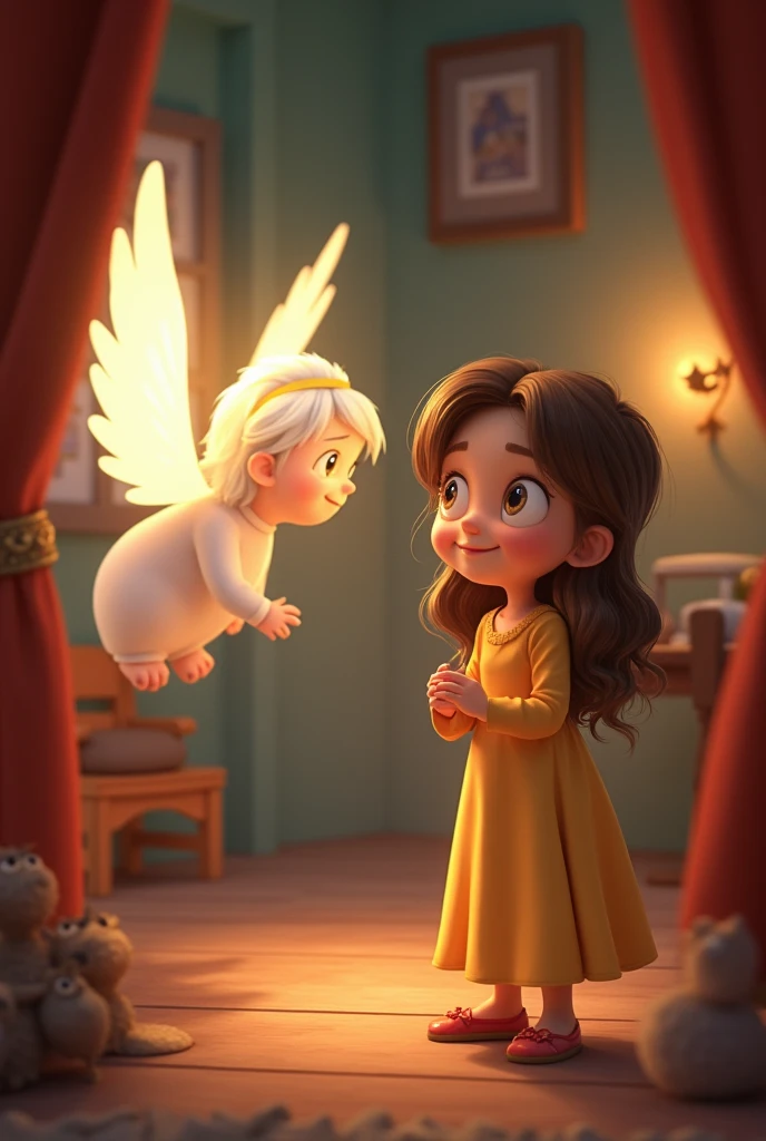 Create a Pixar-style cartoon of  a young woman named Mary was visited by an angel named Gabriel.