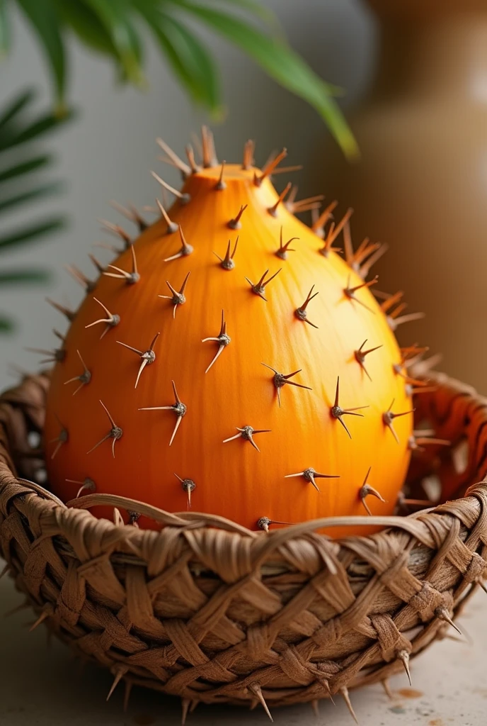 An orange coconut lies in a basket, covered with very small spines