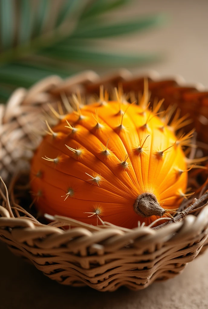 An orange coconut lies in a basket, covered with very small spines