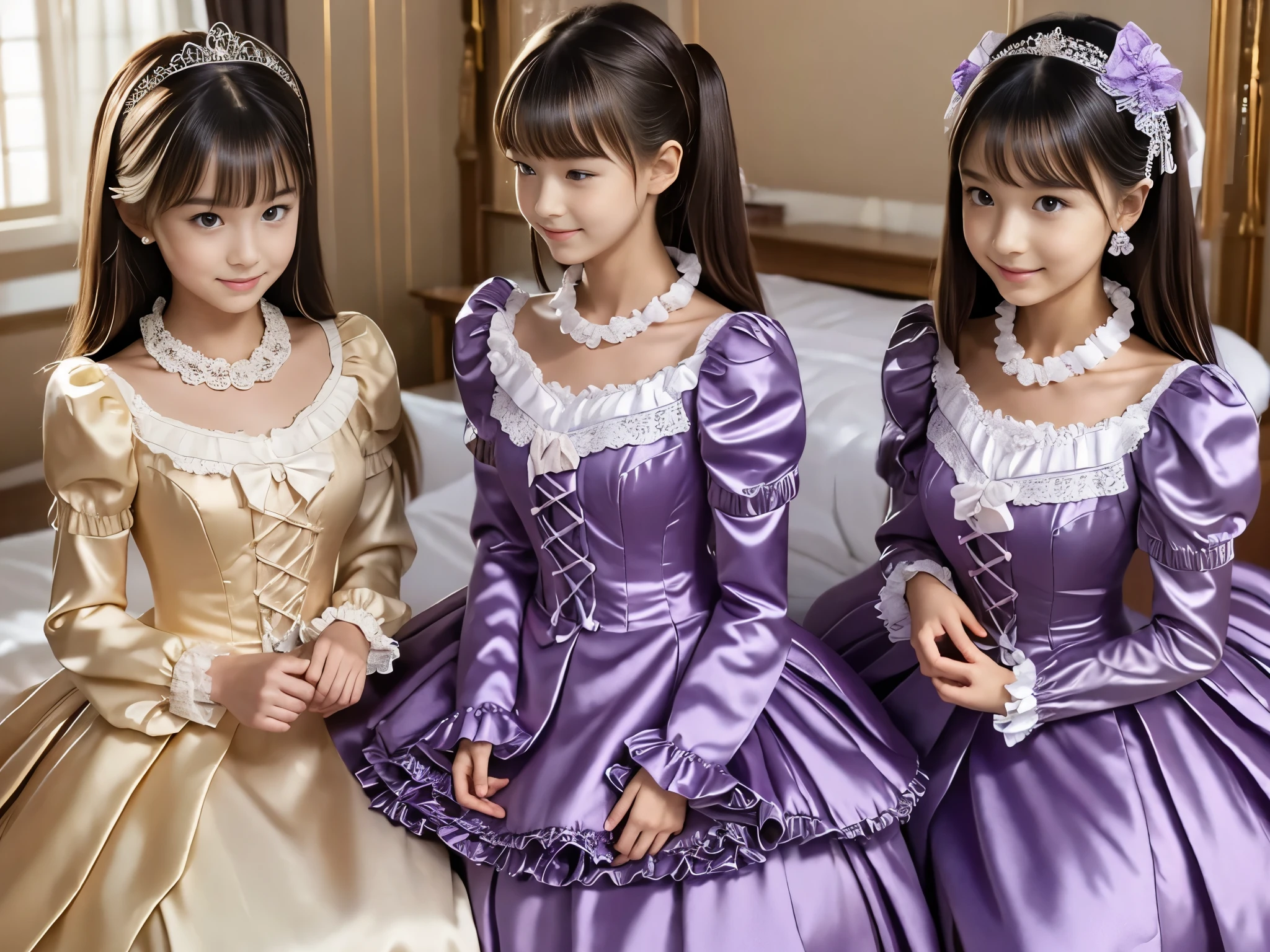 ,highest quality, masterpiece, highest resolution, artwork, super それにget used to it, many get used to it, get used to it, それにget used to it, 3k realistic pictures,,((  girls)),Ultra-detailed juvenile face,three are princesses,full length ball gown dress with hoop skirt,ruffled yoke collar,puff sleeves,long sleeve,((Lolita style purple detailed princess satin dress with lots of ruffles and ribbons)),Rococo style lolita fashion,shiny satin dress,Soft and smooth fabric,luxury,long blonde hair,blue eyes,white skin european,Pajama,((in the bedroom)),luxury princess canopy frilled bed,super detailed bed,they are lying on the bed,High-quality background,