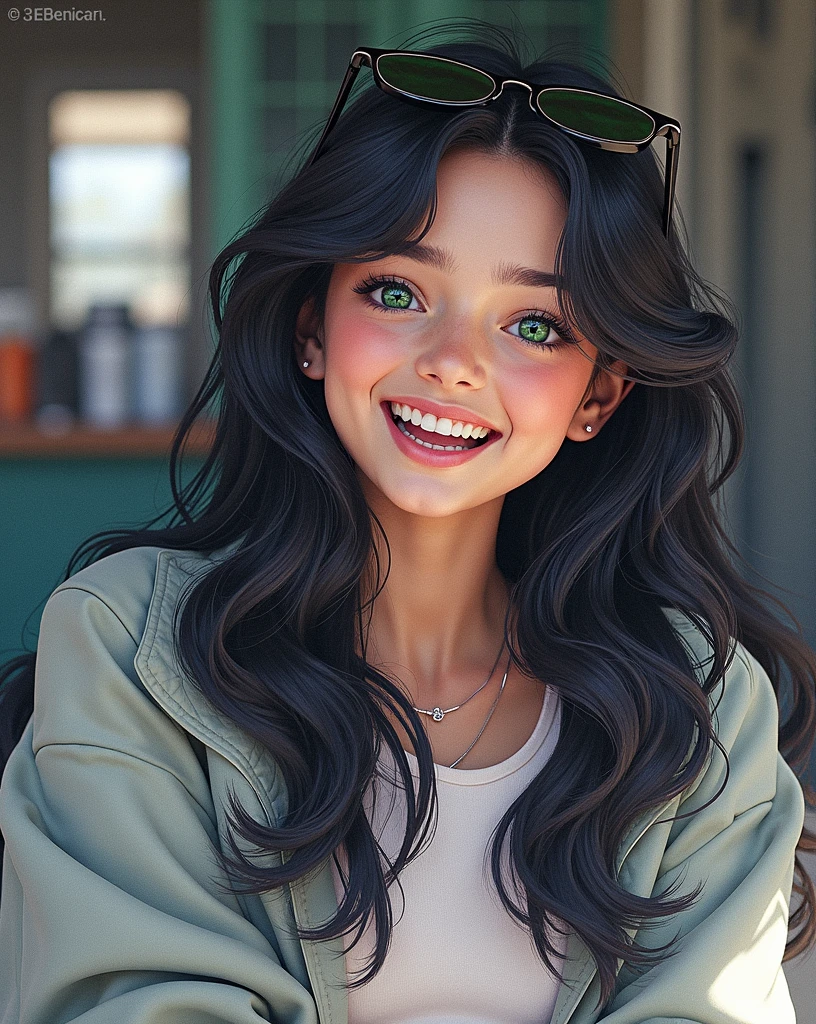 A realistic image portrait of a tan girl with black hair and bright forest green eyes laughing with shades on her head
