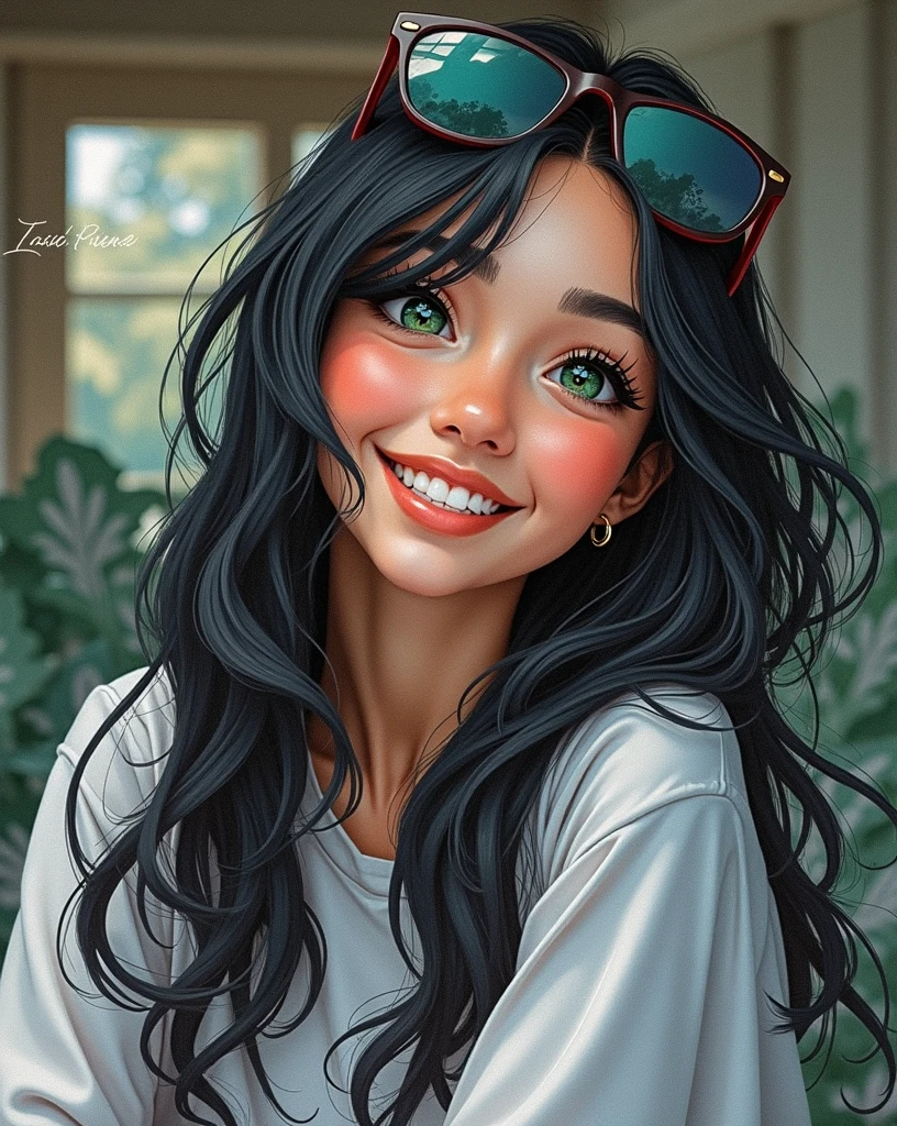 A realistic image portrait of a tan girl with black hair and bright forest green eyes laughing with shades on her head
