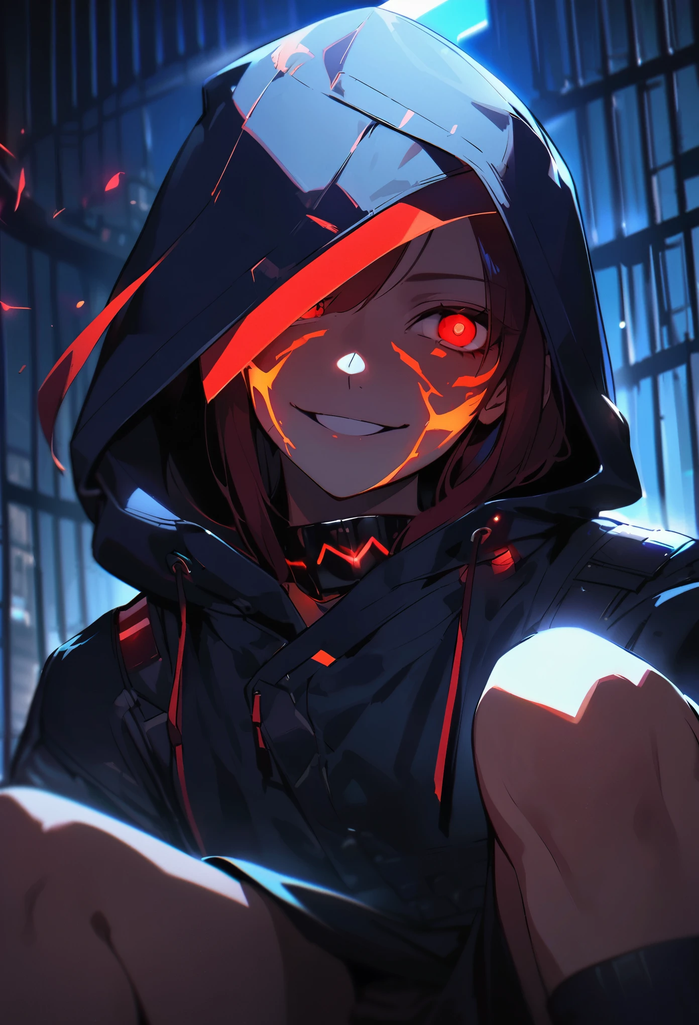 A shadowy character wearing a dark hooded jacket and a face covered by a glowing mask with a terrifying pattern of red eyes and a sinister smile in the form of glowing white stitching.. He is sitting in a relaxed manner in front of a metal fence, with a carefree but intimidating posture. The background is dark with a blue night sky, and the lighting dramatically highlights the shine of his eyes and mouth, while little red sparks float in the air, adding a tense and urban atmosphere. The style is dark and aggressive, with a cyberpunk and vigilante aesthetic, conveying a sense of latent danger.