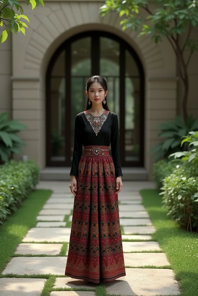 “An elegant person standing outdoors on a stone pathway, dressed in traditional clothing including a black blouse with a brooch and a long, intricately patterned batik skirt. The backdrop features lush greenery and a building with large, stylish glass doors. The setting is serene with soft, calming lighting enhancing the tranquil atmosphere.”