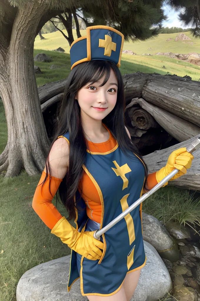 masterpiece, best quality, landscape photo, blissful, excited, solo, 1girl, cute, beautiful, full body shot, closeup shot, DQ3 female cleric, (orange bodysuit, priest \(dq3\), mitre, tabard, elbow gloves), (huge breasts:1.4, Biomechanical HUGE and HEAVY boob), side boob, holding a staff, serene expression, long flowing hair, black hair, fantasy setting, highly detailed, vibrant colors, perfect face, perfect body, ultra detail and beautiful eyes, cute, cutesy, baby face