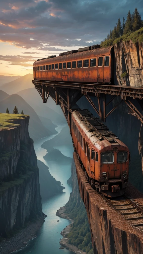 make a very real picture of a rusted long train being stuck on a very high cliff, scary scenery, hyper-realistic, 16k