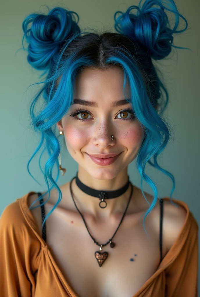 • Hair: Her hair is blue and curly, with two buns positioned on top of her head, leaving the rest of her hair cascading down in loose waves. The vibrant blue color suggests a bold personality, possibly someone who enjoys standing out.
• Skin Tone: Her skin appears to be light with a warm undertone, and she has a natural, youthful complexion.
• Eyes: She has large, expressive eyes with thick, dark eyebrows that frame her face. The eyes are prominent, with a bright and lively appearance, indicating alertness and curiosity.
• Freckles: A scattering of freckles covers her cheeks and nose, giving her a playful and youthful appearance.
• Nose: She has a small, slightly upturned nose.
• Mouth: Her lips are full and slightly parted, with her tongue playfully sticking out, which adds to her quirky and fun-loving demeanor. She has a septum piercing, a ring in the center of her nose.
Accessories:
• Jewelry: She wears a choker necklace with a pendant shaped like a heart. The choker adds a touch of edginess to her look.
• Piercings: Besides the septum piercing, she also has small hoop earrings in her ears.
Clothing:
• Top: She is wearing a loose, casual top that seems comfortable, fitting her relaxed and laid-back style. The color of the top is earthy, possibly a light brown or beige, complementing her vibrant hair and accessories.
Overall Vibe:
• Personality: The overall appearance suggests that she is confident, creative, and not afraid to express herself through her style. The playful expression, vibrant hair color, and choice of accessories hint at someone with a fun and energetic personality who enjoys being unique.