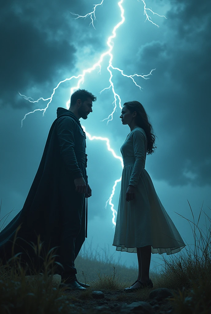 a man and a woman having a dramatic thunder fight, highly detailed, storm clouds, lightning bolts, intense expressions, dynamic poses, cinematic lighting, moody color palette, photorealistic, intricate details, (best quality, 4k, 8k, highres, masterpiece:1.2), ultra-detailed, (realistic, photorealistic, photo-realistic:1.37), cinematic composition, dramatic cinematography, intense atmospheric effects, powerful magical energy, epic fantasy, striking visual impact