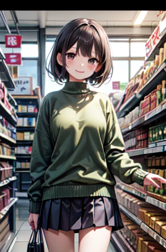 very cute and beautiful girl,(Very detailed美しい顔),
(smile),Happy,View your viewers,(Green Sweater),Cowboy Shot,Pleated black mini skirt,
Shopping at the supermarket,Black Hair,
(Highest quality,masterpiece),Absurd,High resolution,Very detailed,Very detailed,32K,8k resolution,
Intricate details,Movie Scenes,Detailed Background,alone,Dynamic Angle,Beautiful dark brown eyes,Realistic,