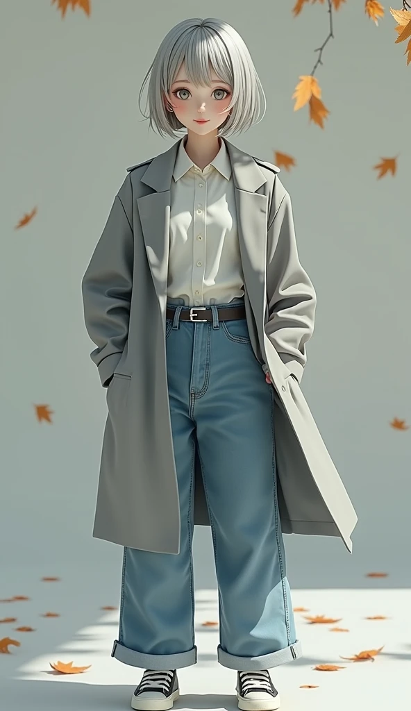 (8k, Photorealistic: 1.4, RAW Photos, Highest quality: 1.4, detailed),A Japanese idol-like beautiful girl,1 person,1,(Short Bob),(Silver Hair),She has her hair tucked behind her ears,Large, clear gray eyes,Long eyelashes,(piercings(small)),(Lip gloss),lips(Plump,glossy),thin long neck,Thin and delicate shoulders,blouse,coat(Mid length(thigh))Layered,Buggy jeans,Sneakers,She is basking in the gentle autumn sunshine,Autumn leaves background,Smiling sweetly and looking at the camera,Front view,Full body shot portrait