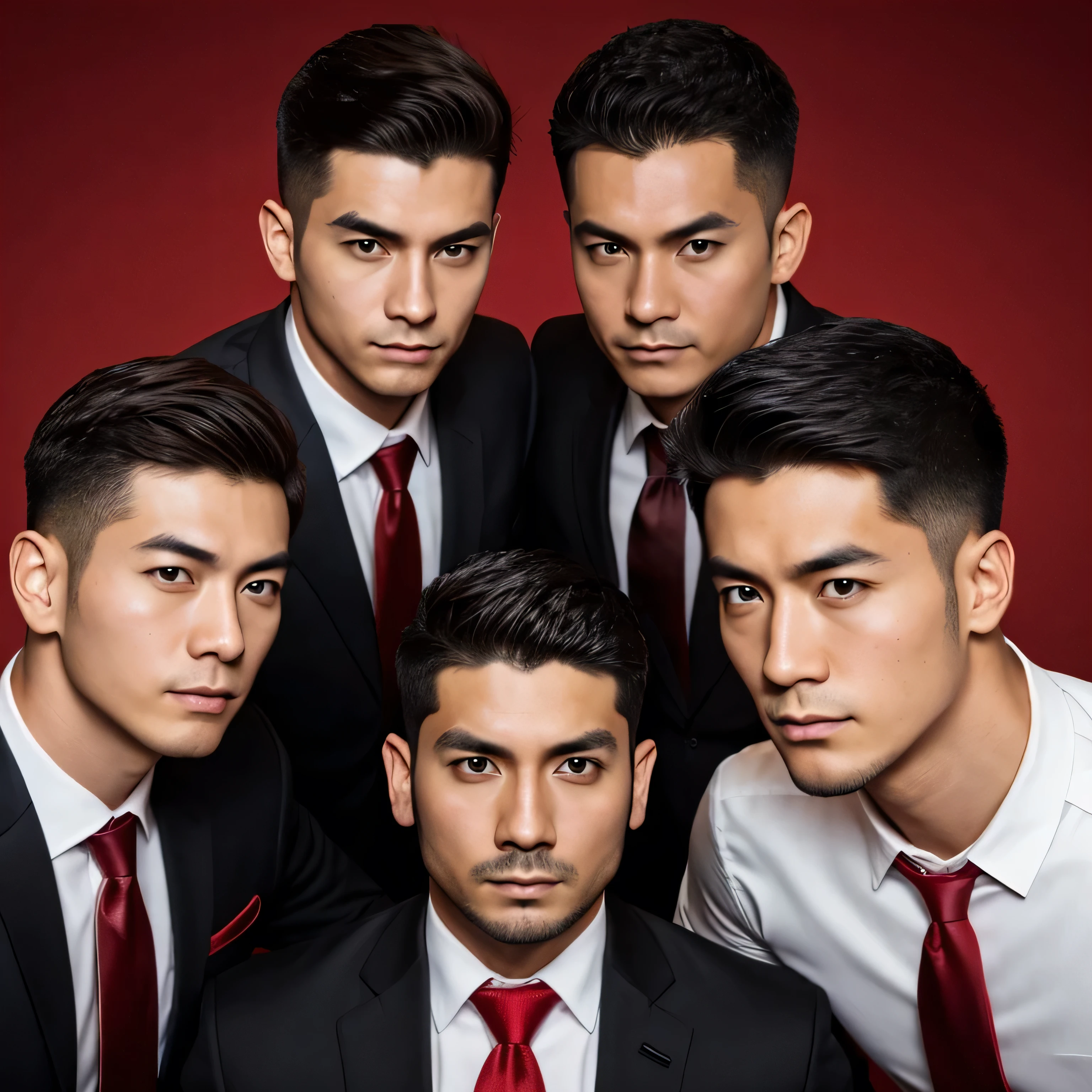 30 years old,Three tall men,、Black Shirt、Red tie、dojo Menacing look、logic, Gay,Very short hair ,Japanese Face,、 Stubble、 Upper body close-up、Seen from below