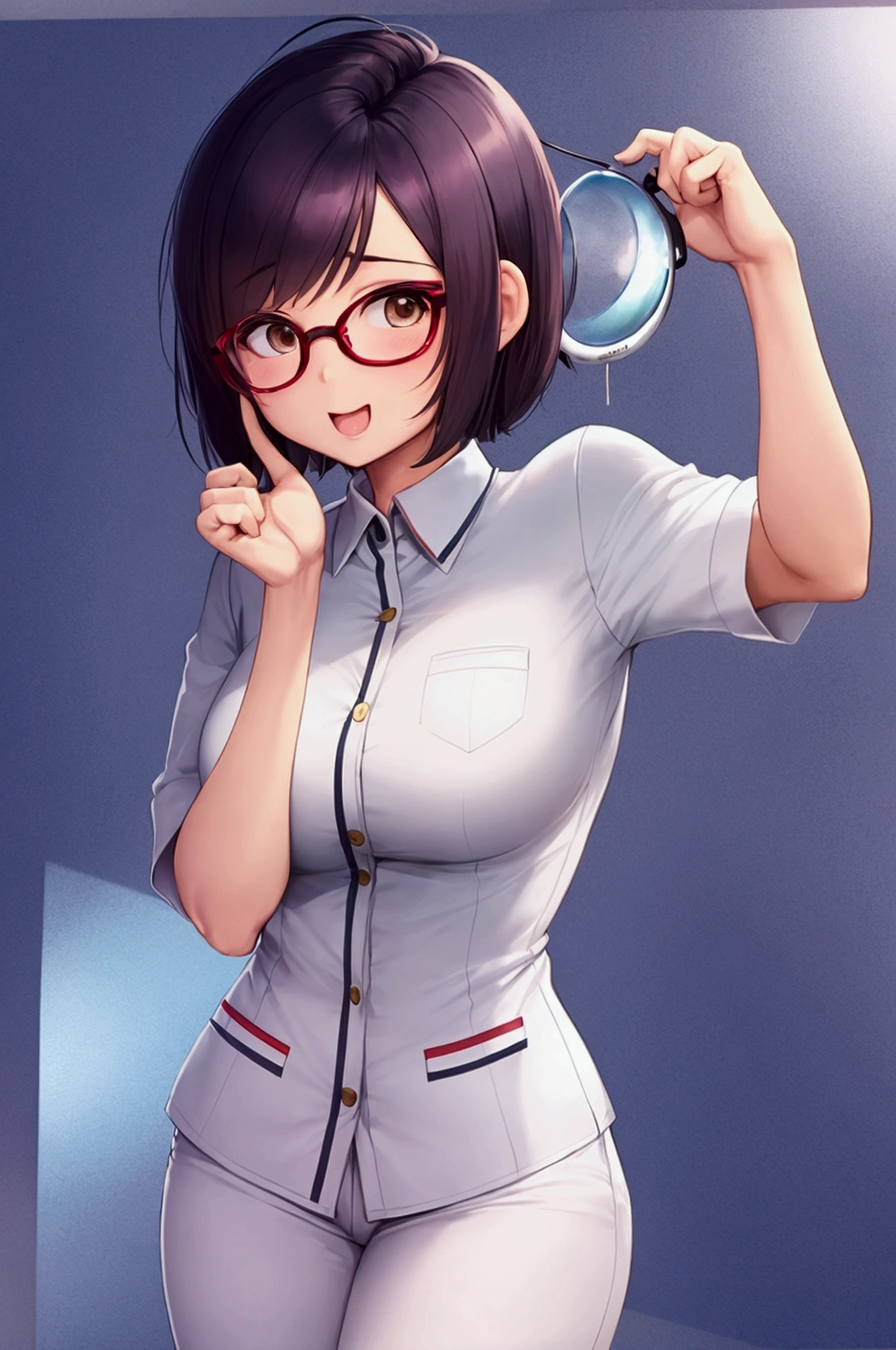 A Thai female with short hair, round glasses, wearing a white university uniform and she made very excited face And make And act excited pose