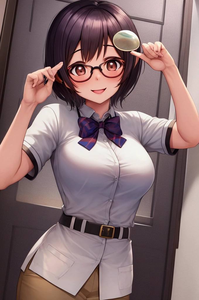 A Thai female with short hair, round glasses, wearing a white university uniform and she made very excited  face And make And act excited pose