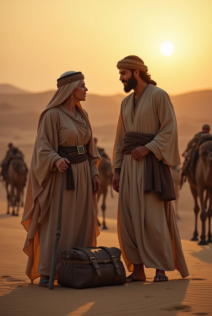 Many people are walking in rows across the Arabian desert. There is an old woman talking to a handsome bearded young man. The young man has a very charming face. Beside them is a heavy bag on the ground. 
The position of the old lady will dominate the scene. 
They were wearing Arabic clothes. 
The sun has risen in the eastern sky and a chill is flying in the sky. 
They had various putli on their heads and hands. Some camels were with them.