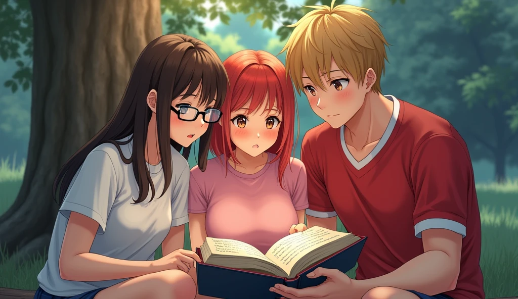 Realistic. Three university students are sitting together to look at a book that contains strange languages. Among them, there are two female students and one male student. The first female student has long brown hair, wears glasses, and is dressed in a white T-shirt. The second female student has short red hair and is dressed in a pink Lolita outfit. The male student has blonde hair, a muscular build, and is wearing a red sports jersey. All of them are Asian and are sitting under a tree in the evening.
