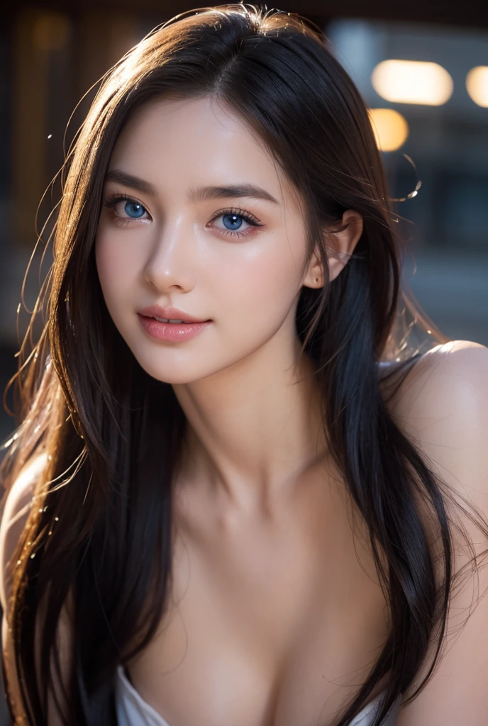 1girl, hyper detailed portrait, exquisite detailed face and eyes, beautiful blue eyes, long flowing hair, perfect smile, open mouth, anatomically accurate, large breasts, beautiful jewelry, delicate blush, emphasis lines, highly detailed 3D rendering, apocalyptic background, best quality, 8k, ultra-detailed, realistic, photorealistic, masterpiece, vivid colors, studio lighting, physically-based rendering, professional