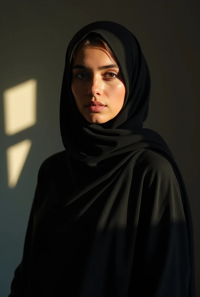 RAW photo, body photo of beautiful .o girl teenjab, cute face, wearing black abaya, slight smile, hard shadows, cinematic shot, dramatic lighting, realistic, curvy, hyper realistic, 8k, real shot, perfect body, pose, body posture, instagram lut, professional camera, professional, photography, super detailed, high detailed, symmetrical face, full lips, flawless skin, detailed face, pakistani, deyes, detailed skin, shadow, sunkissed, little sunlight, full body photo, full body,