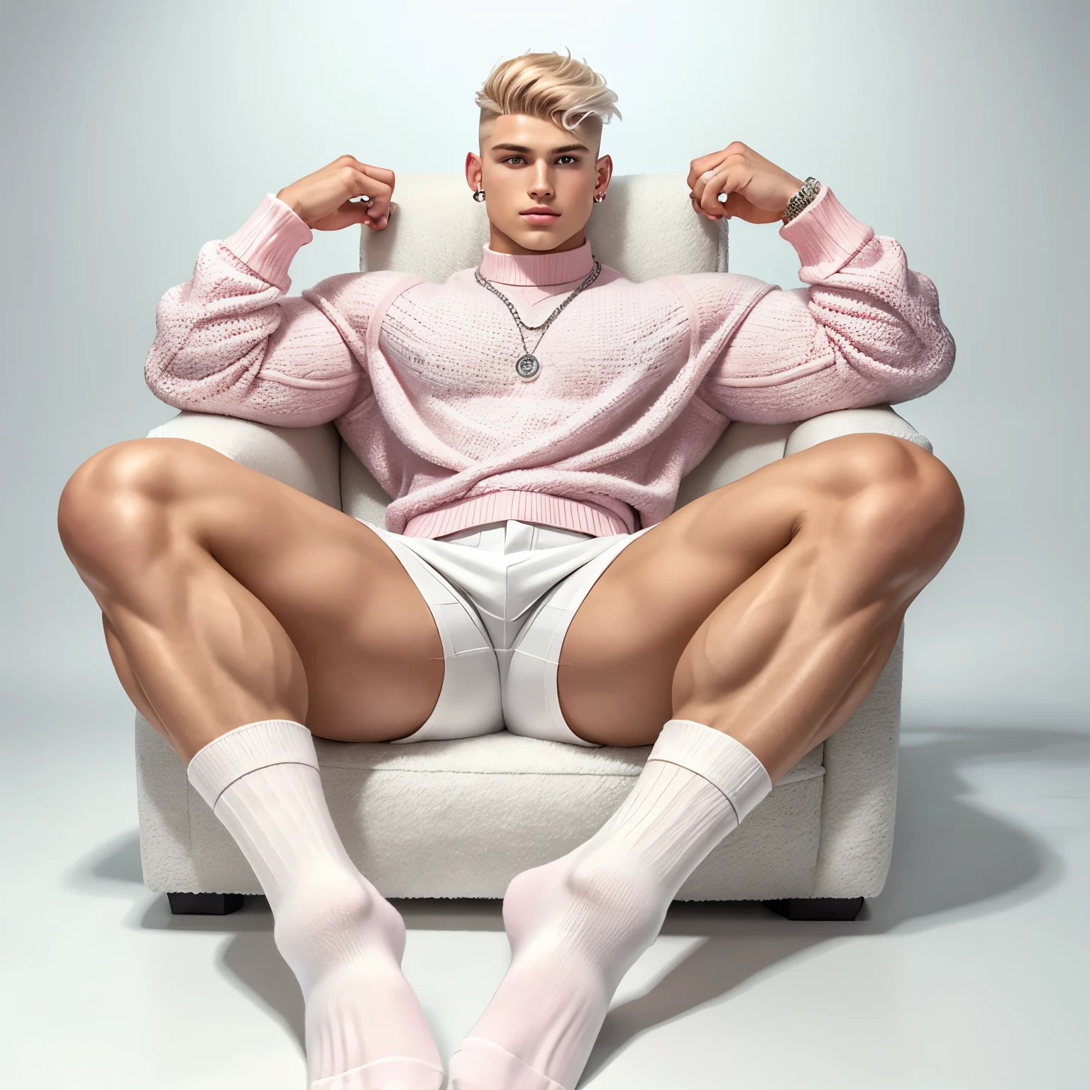 full view full body, a young handsome arrrogant white model boy with curly blond hair with undercut haircut, many silver rings, pink visible jewelery piercings, wearing pink shorts, in white 'OverPed' logo socks, with wool white sweater, sitting on comfortable white leather modern armchair, showing off his white socks
