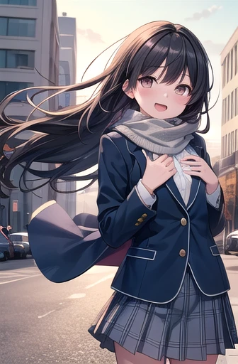 Solo Girl,Cowboy Shot, 20-year-old, Long Hair,Show Viewer, Black Hair, Brown eyes, Center of chest, Happy,Fluffy scarf,,Dark blue pleated skirt,  Dark Blue Blazer,Flowing Wind,Moaning, Outdoor, School, Highest quality, High resolution, Very detailed, Detailed Background, Perfect lighting