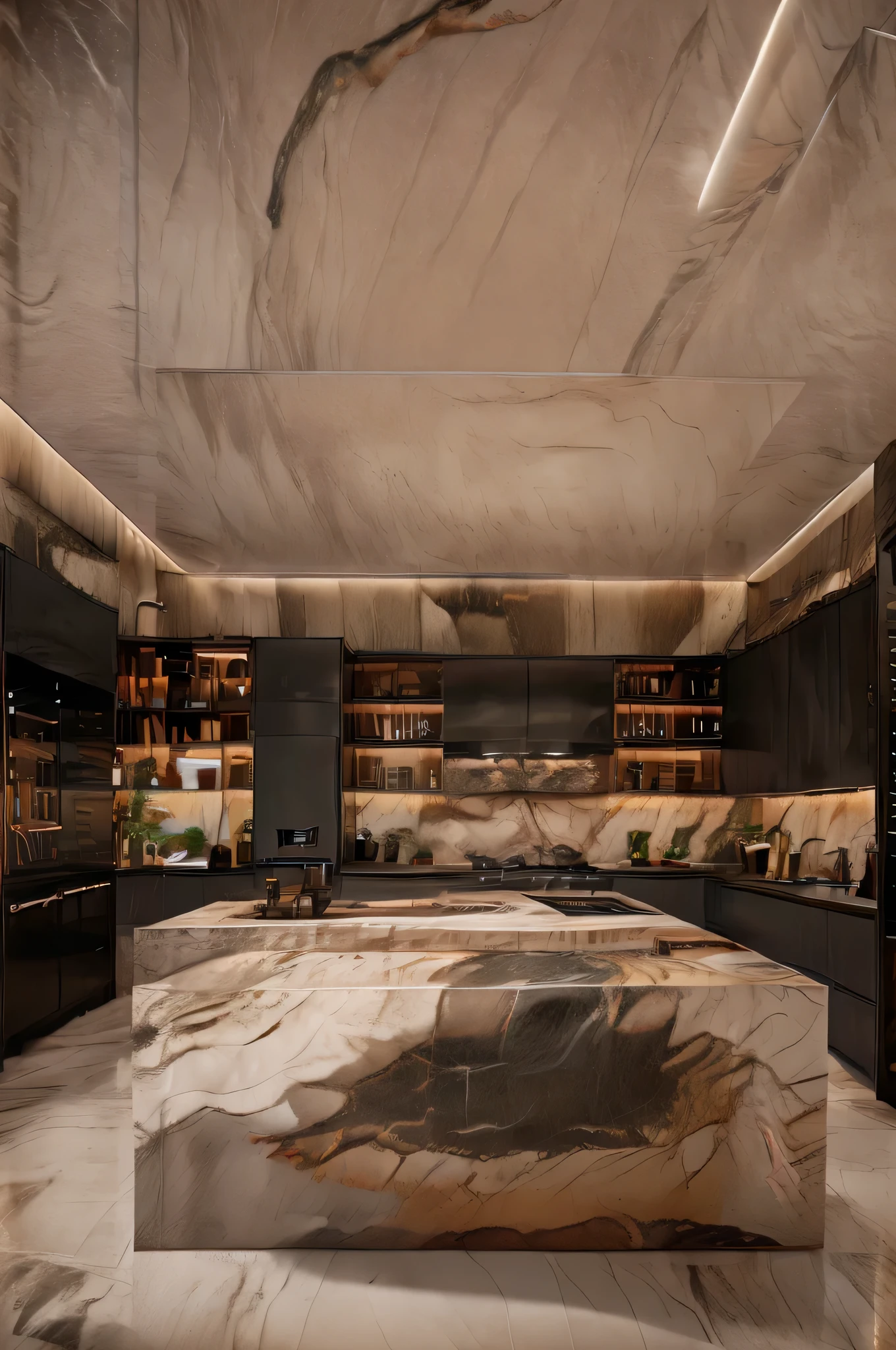 A sleek, modern kitchen with a luxurious design. The space features glossy white cabinetry with minimalist handles, a large kitchen island with a marble-like waterfall countertop, and matching marble flooring. The backsplash and island showcase gray veining, complementing the stainless steel appliances, including a double oven, a built-in refrigerator, and a wine cooler. The ceiling has recessed lighting and a stylish, contemporary light fixture hanging over the island. The overall atmosphere is clean, sophisticated, and futuristic."