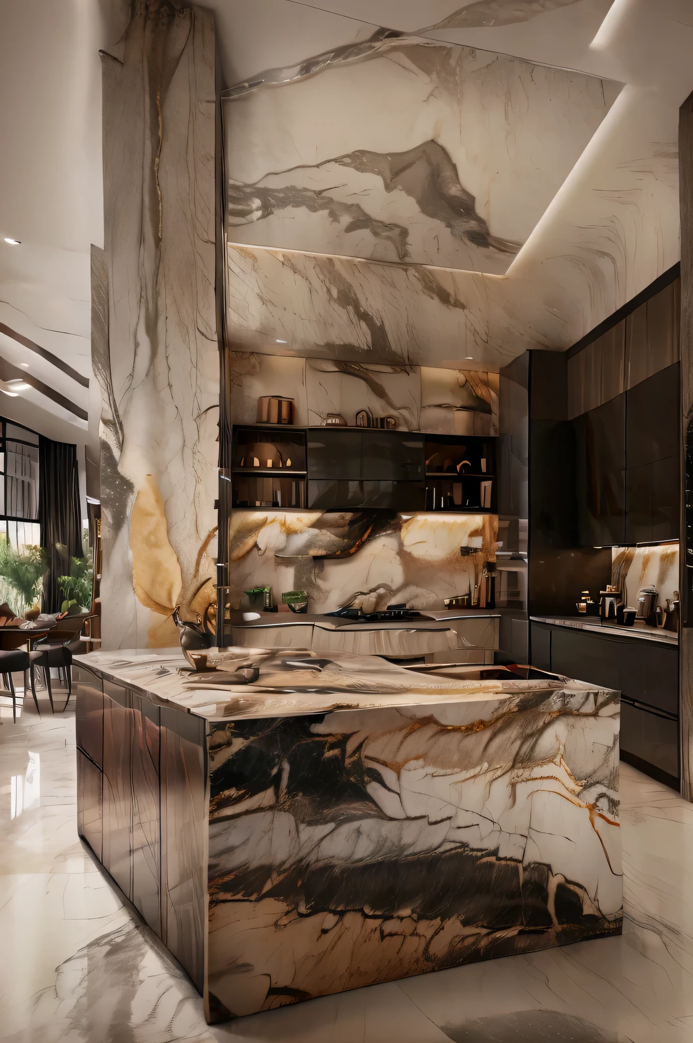 A sleek, modern kitchen with a luxurious design. The space features glossy white cabinetry with minimalist handles, a large kitchen island with a marble-like waterfall countertop, and matching marble flooring. The backsplash and island showcase gray veining, complementing the stainless steel appliances, including a double oven, a built-in refrigerator, and a wine cooler. The ceiling has recessed lighting and a stylish, contemporary light fixture hanging over the island. The overall atmosphere is clean, sophisticated, and futuristic."
