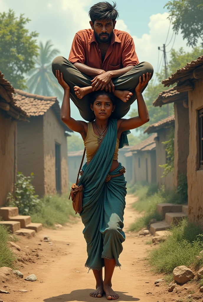 Beautiful Typical indian village ragpicker young woman carrying a large man on her head