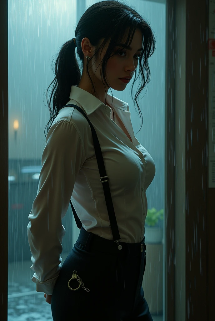 a woman in a suit, belt, hands behind back, sweating, suspenders, black pants, sexly, large breasts, see-through clothing, rain, detective, office worker, white button-up shirt, (best quality,4K,8k,highres,masterpiece:1.2),ultra-detailed,(realistic,photorealistic,photo-realistic:1.37),hyper-detailed,highly detailed face and body, Slender　thin　suspenders　Moderate breasts　See-through shirt　Nipples　holster　chain　Pistol　Armament　criminal　Female criminal　knife　japanese　profile　Japanese women　arrested handcuff

