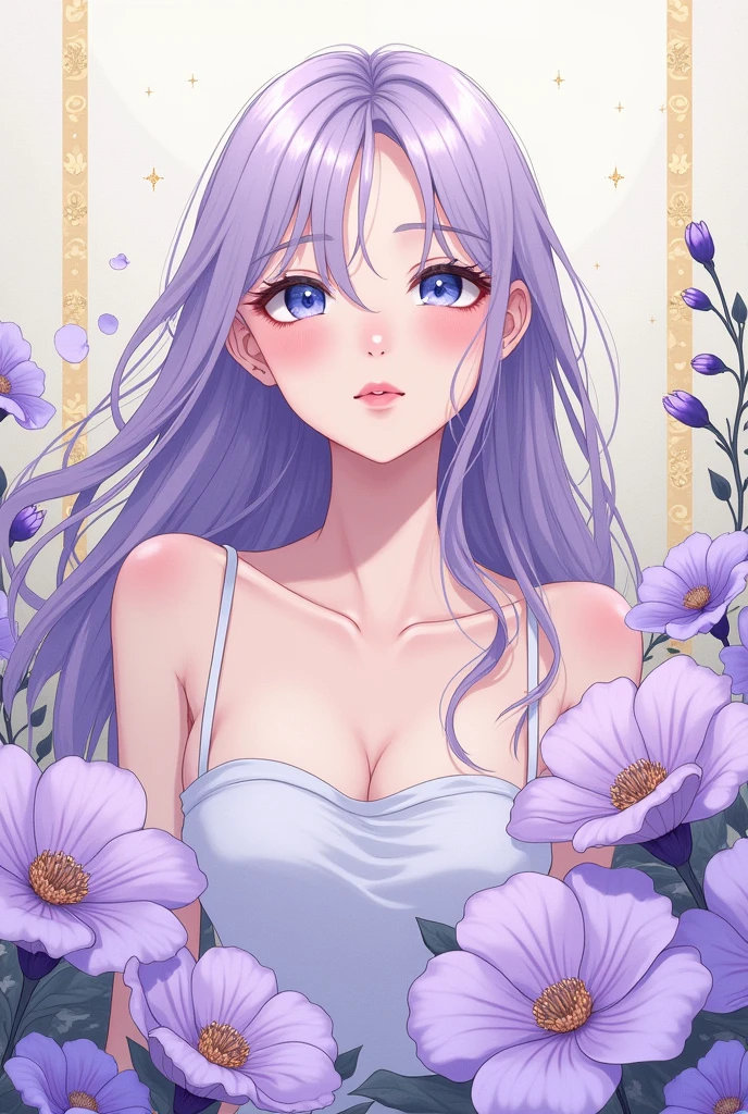 Create a manga style illustration, representando uma jovem mulher com pele clara e cabelo lilac ondulado, with a serene expression and large, expressive eyes, blue in color. She should be surrounded by flowers with large, delicate petals., predominantly purple, that surround and complement your figure. The background scenery should be minimalist, highlighting the contrast between the central figure and the surrounding flowers. Use a soft color palette, with shades of purple, lilac, blue and touches of white. Add gold details to the background, that must be subtle, mas elegantes, to give a touch of sophistication to art. The overall style of the illustration should be delicate and ethereal., with fine, smooth lines.