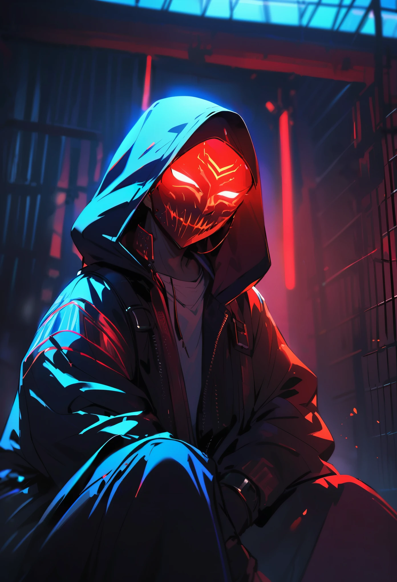 A shadowy character wearing a dark hooded jacket and a face covered by a glowing mask with a terrifying pattern of red eyes and a sinister smile in the form of glowing white stitching.. He is sitting in a relaxed manner in front of a metal fence, with a carefree but intimidating posture. The background is dark with a blue night sky, and the lighting dramatically highlights the shine of his eyes and mouth, while little red sparks float in the air, adding a tense and urban atmosphere. The style is dark and aggressive, with a cyberpunk and vigilante aesthetic, conveying a sense of latent danger.
