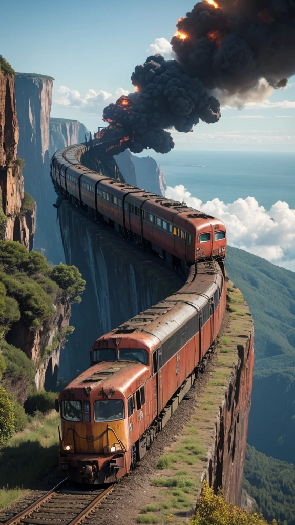 make a very real picture of a rusted long train being stuck on a very high cliff, scary scenery, hyper-realistic, 16k