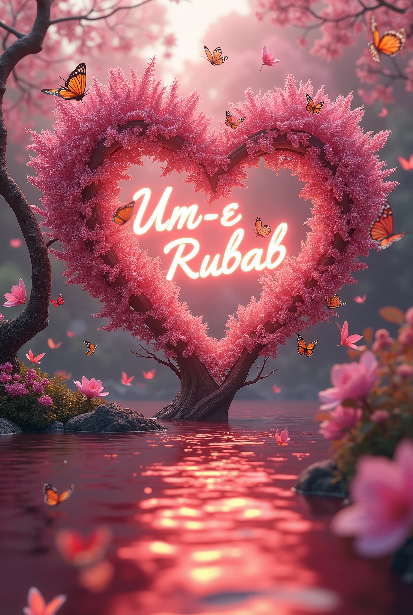 Create an image with "butterflies" with "hummingbirds" with a fuchsia color and animated red sea that has a small image and that has a A in the middle of the hummingbirds with an image of the same size sea butterflies flying around a pink heart shaped tree with pink flowers, 🌺 cgsociety, beautiful composition 3 - d 4 k, beautiful digital art, beautiful digital artwork, beautiful gorgeous digital art, harmony of butterfly, very beautiful digital art, beautiful iphone wallpaper, flowers and butterflies, beautiful art uhd 4 k, 8k high quality detailed art, gorgeous digital art, write the name ,,Um-e-Rubab,, The name is prominently displayed in a striking font, adorned with a luxurious golden,red crown. A flowing feather gracefully follows behind, adding to the design's visual appeal. The name glows in vibrant colors such as silver, enhancing its breathtaking beauty.