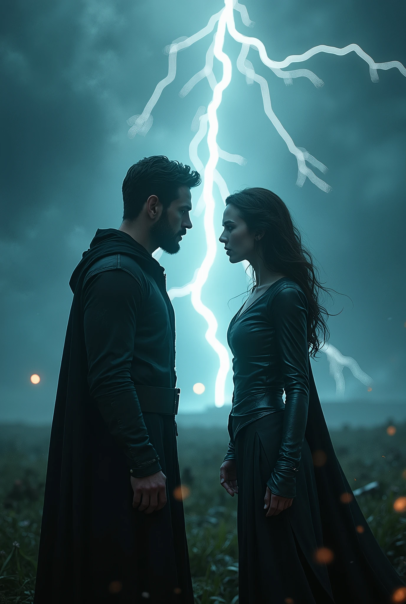 a man and a woman having a dramatic thunder fight, highly detailed, storm clouds, lightning bolts, intense expressions, dynamic poses, cinematic lighting, moody color palette, photorealistic, intricate details, (best quality, 4k, 8k, highres, masterpiece:1.2), ultra-detailed, (realistic, photorealistic, photo-realistic:1.37), cinematic composition, dramatic cinematography, intense atmospheric effects, powerful magical energy, epic fantasy, striking visual impact
