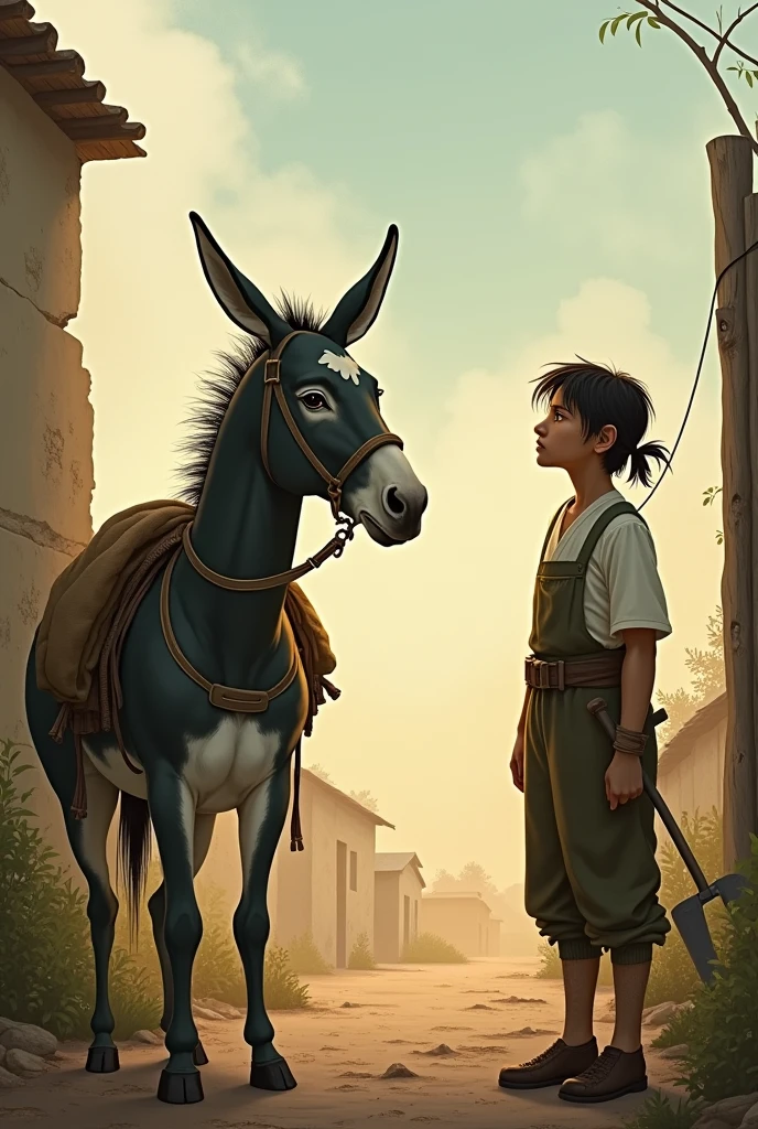 "Illustrate the moment of realization, both for the donkey and the farmer, that challenges in life can be overcome. How does the scene reflect the idea that every difficulty can be an opportunity to rise?"
