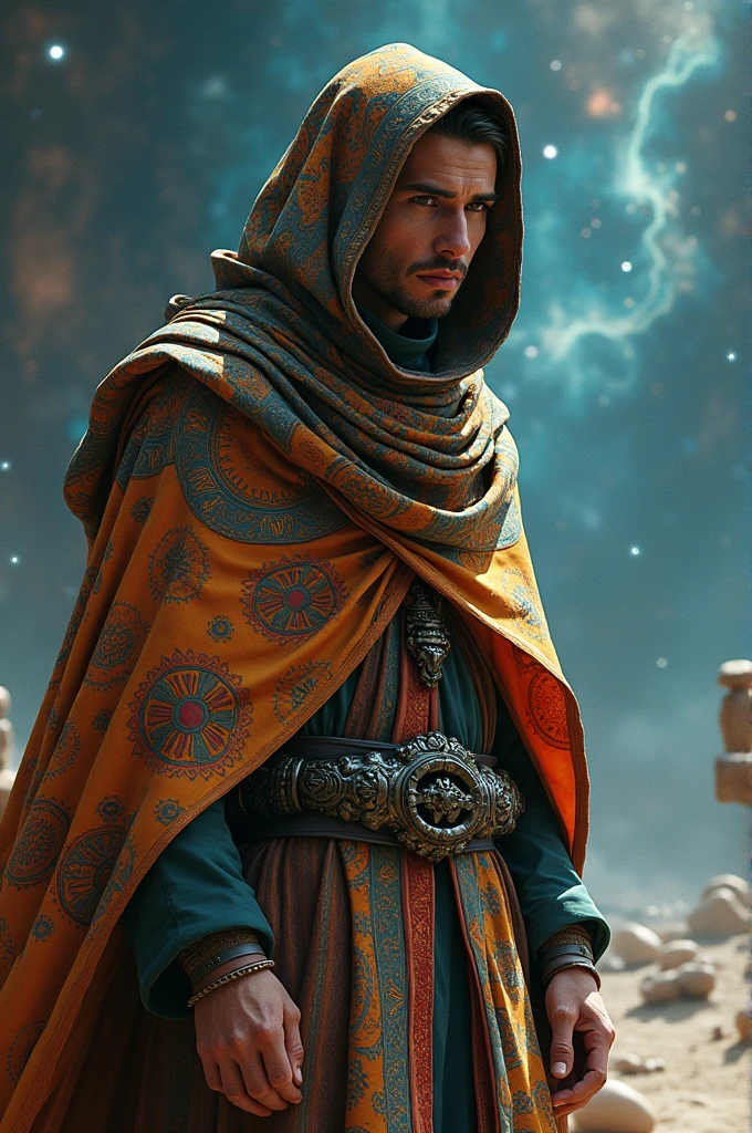 A man from space wearing an Algerian Shawi outfit