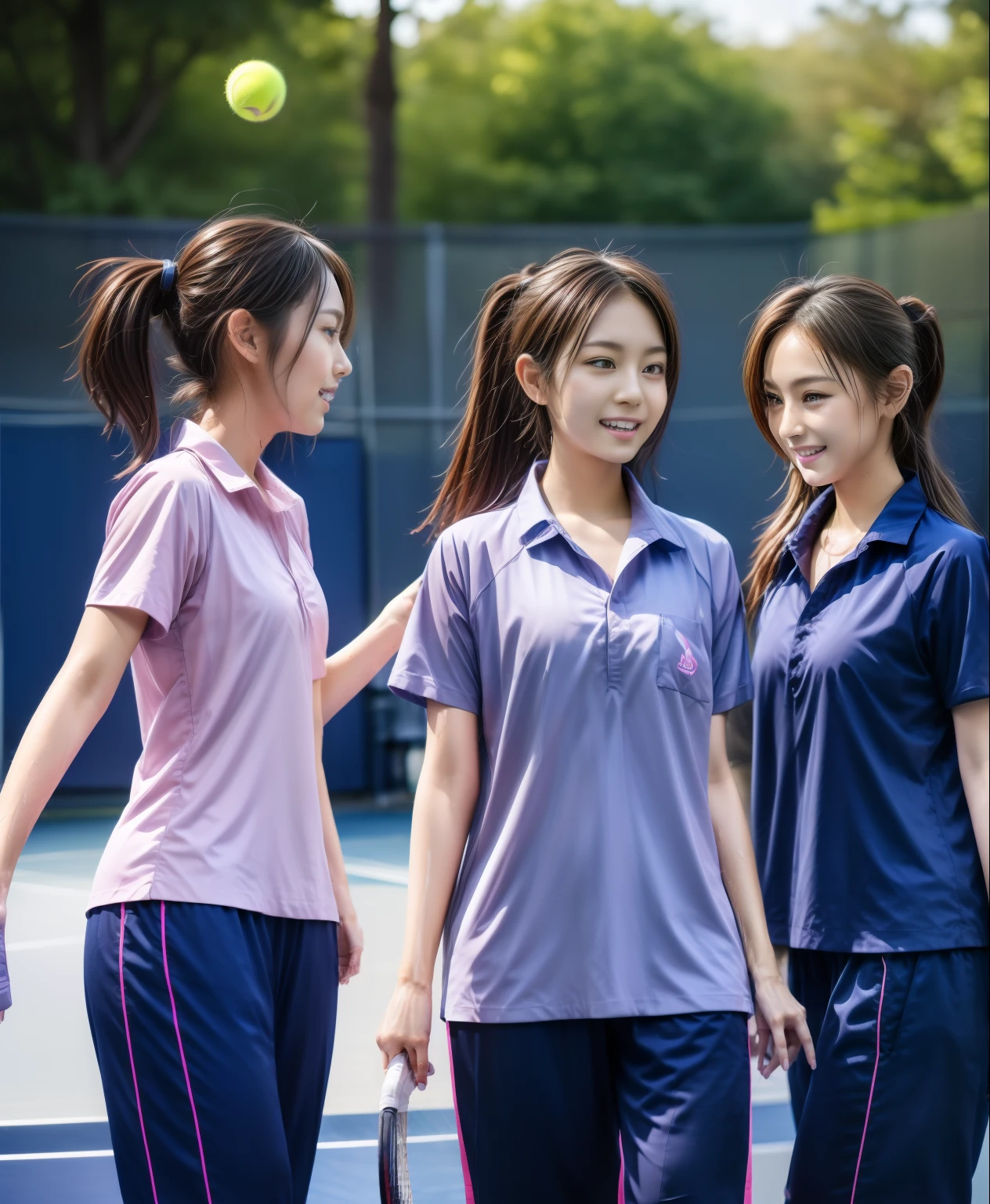 3 girls play tennis at tennis courts, Navy blue short-sleeved shirt,Navy Long Trackpant,Sweatpants, Sweatpantsขายาว,2 girl, lesbian, sexy, exercise clothes, wet body, exercise clothes