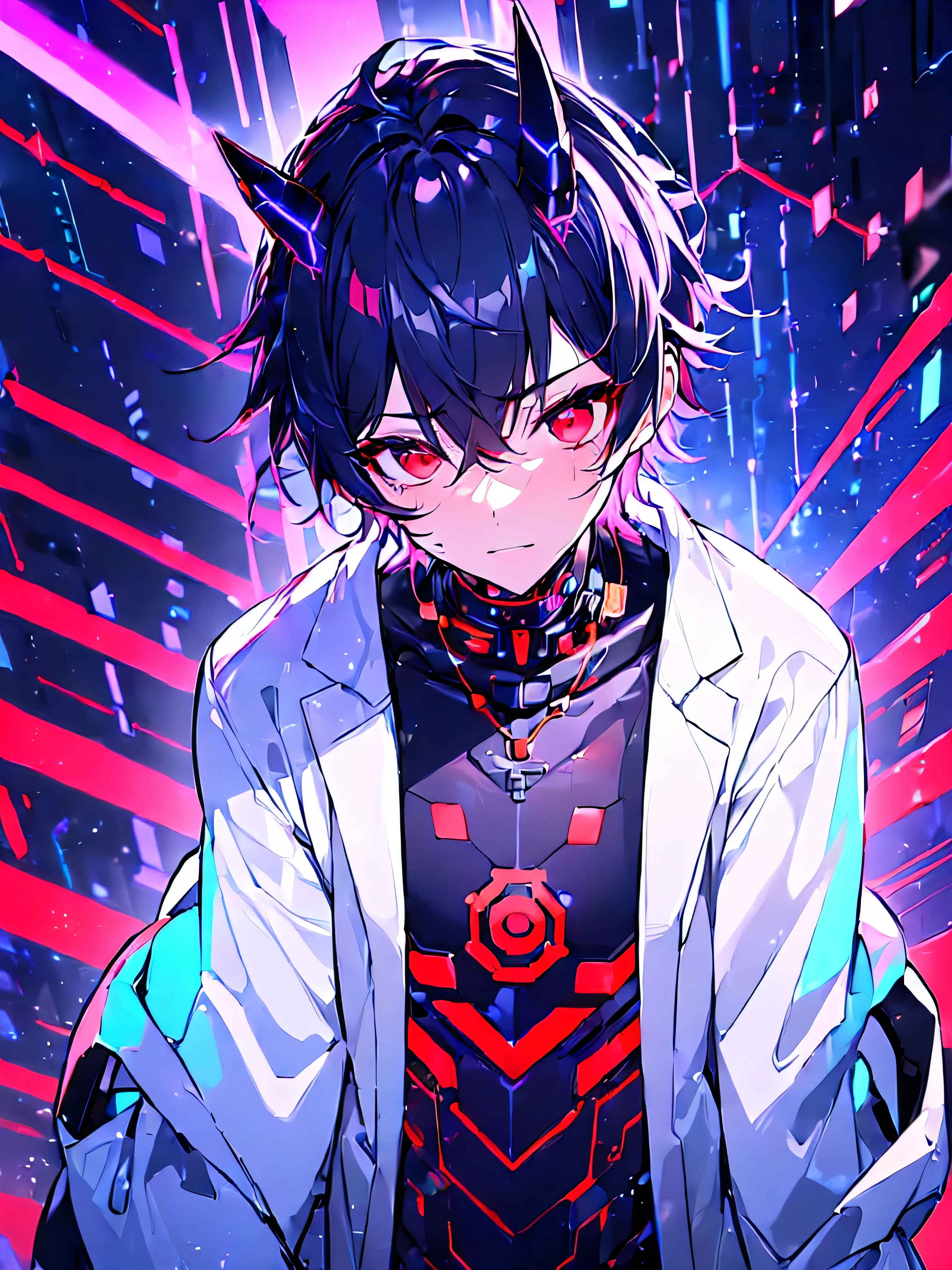 ((CYBER CITY BACKGROUND:1.5)), masterpiece, best quality, ultra detailed, exquisite, beautiful, highres, abyss, ((1 boy)), shota, oni, looking at viewer, men's short hair, hair covering eyes, black hair, red eyes, japanese clothes, with a scar, with horns, , outside, upper body,