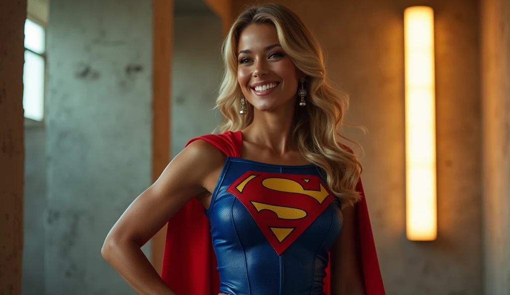 powerful, kind, sexy, attractive, smiling and confident; Paula Patton Supergirl 1984s movie costume;  HD. Photograph, ((realism)), extremely high quality RAW photograph, ultra detailed photograph, sharp focus, high resolution, (detailed skin:1,3),high quality, film grain, Fujifilm XT3,Highly Detailed, movie, (Cinematic Photo:1.3) of (Realistic:1.3). Super breasts. 