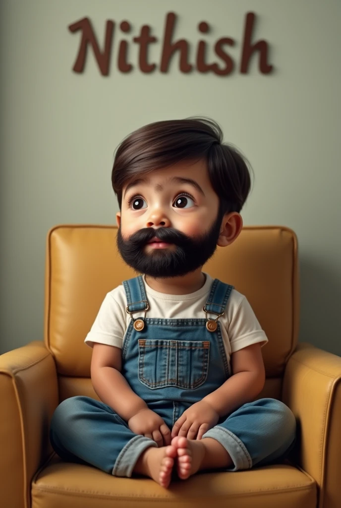 A boy of 2 with motach and beard sitting in a chair and background wall having a name as NITHISH