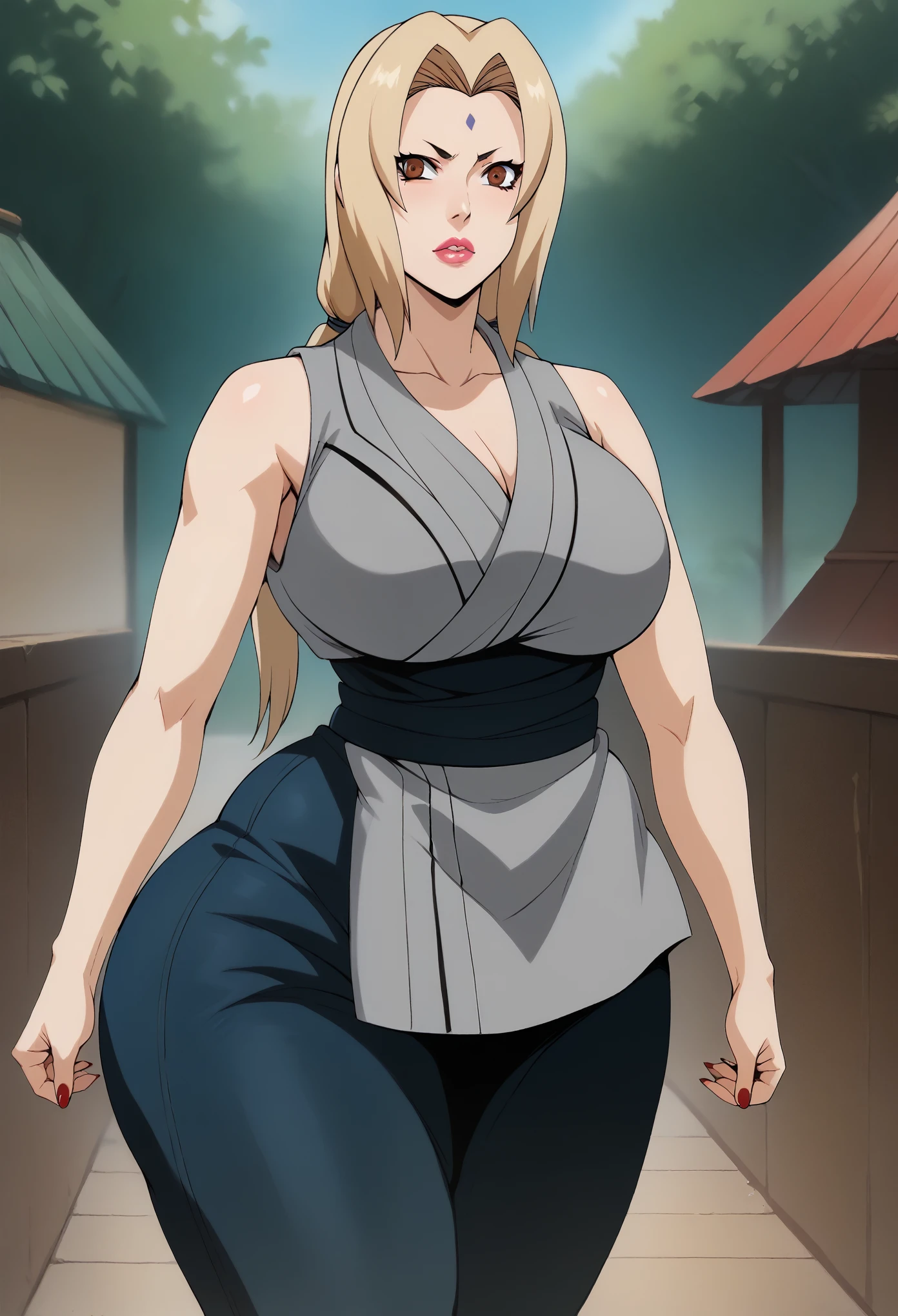 score_9, score_8_up, score_7_up, BREAK, score_9, Lady Tsunade, Tsunade Senju, granny Tsunade, ChopioTsunade, blonde hair, long hair, big lips, plump lips, low twintails, hair tie, brown eyes, forehead mark, pink lipstick, mature female, milf, K-cup size breasts, large breasts, huge butt, red nails, outfit_2, grey kimono, sleeveless kimono, collarbone, blue obi, blue pants, solo, 1girl, looking at viewer, curvy body, thick body, curvy, small waist, b cowboy huge butt, shot, ass, ass covered by her pants, pants slipping slightly down, showing bare buttcrack slichtly, big ass, huge breasts, big breasts, thick thighs, wide hips, from behind, forest