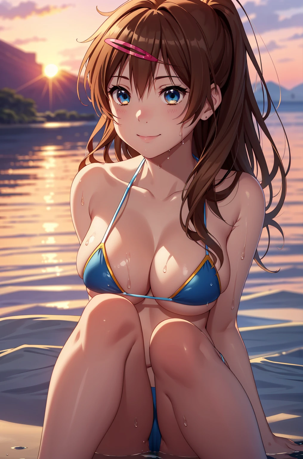 ((masterpiece, Highest quality, High resolution, uhd, Pixel perfect, Depth of written boundary, 4K, RTX, HDR)), 1 Girl, single, alone, 24-years-old, Anime Girls, Beautiful art style, anime character, ((Parted bangs, Brown Hair)), (blue eyes、Round eyes, Delicate eyelashes、Beautiful eyelashes, Perfect Eyes), (Detailed face:1.2), (Smooth texture:0.75, Realistic texture:0.65, Realistic:1.2, Cinematic, Anime CG Style), Perfect body、Moderately good :1.7、Micro Bikini:1.8、Visible from the side:1.9、Wet、Water Drop、Splash、nsfw、もっとView from below、smile:1.8、Bra shoulder straps:1.8、In the sea:1.8、Sit w your knees bent:1.8、Visible from the side:1.8、The whole body is visible:1.8、View from below、Wind、Tropical、sunset、Put your arms behind your back:1.8