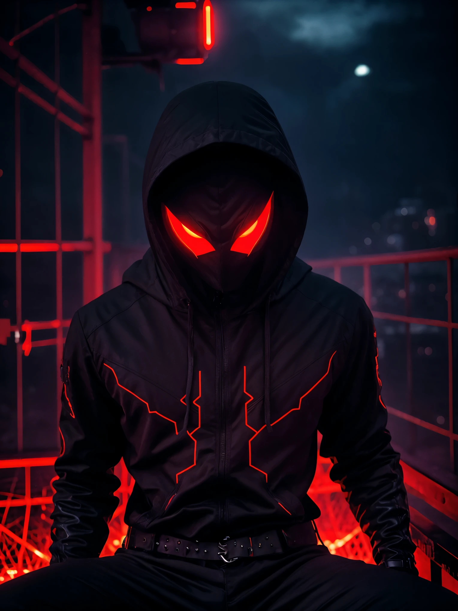 A shadowy character wearing a dark hooded jacket and a face covered by a glowing mask with a terrifying pattern of red eyes and a sinister smile in the form of glowing white stitching.. He is sitting in a relaxed manner in front of a metal fence, with a carefree but intimidating posture. The background is dark with a blue night sky, and the lighting dramatically highlights the shine of his eyes and mouth, while little red sparks float in the air, adding a tense and urban atmosphere. The style is dark and aggressive, with a cyberpunk and vigilante aesthetic, conveying a sense of latent danger.