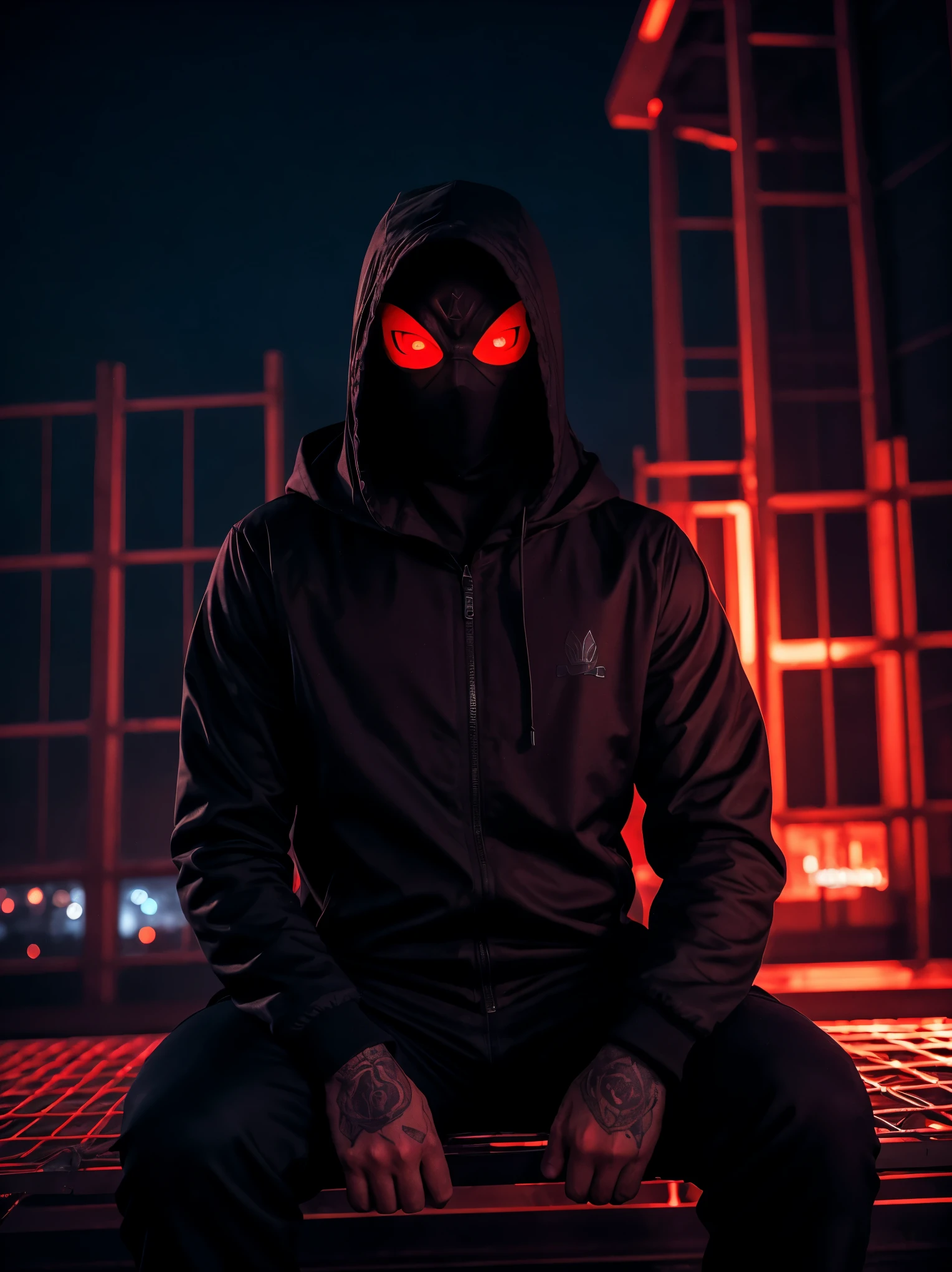 A shadowy character wearing a dark hooded jacket and a face covered by a glowing mask with a terrifying pattern of red eyes and a sinister smile in the form of glowing white stitching.. He is sitting in a relaxed manner in front of a metal fence, with a carefree but intimidating posture. The background is dark with a blue night sky, and the lighting dramatically highlights the shine of his eyes and mouth, while little red sparks float in the air, adding a tense and urban atmosphere. The style is dark and aggressive, with a cyberpunk and vigilante aesthetic, conveying a sense of latent danger.