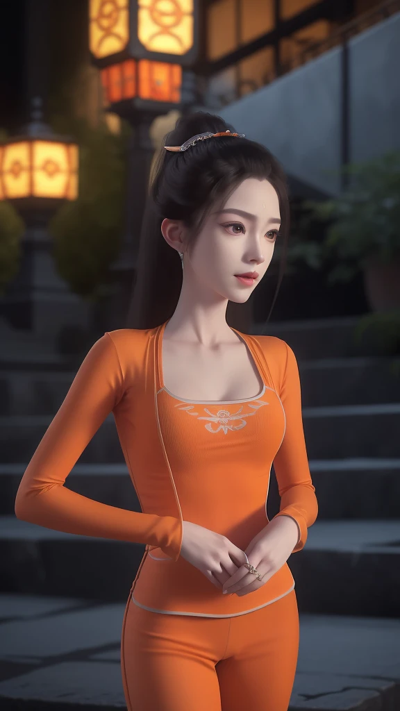 a beautiful woman with cat-like features, long flowing hair, feline eyes, sharp nose, plump lips, clawed hands, wearing a tight orange catsuit, gracefully posed, dynamic action pose, detailed texture and shading, cinematic lighting, dark moody atmosphere, photorealistic, intricate details, hyper realistic, 8k, best quality, masterpiece