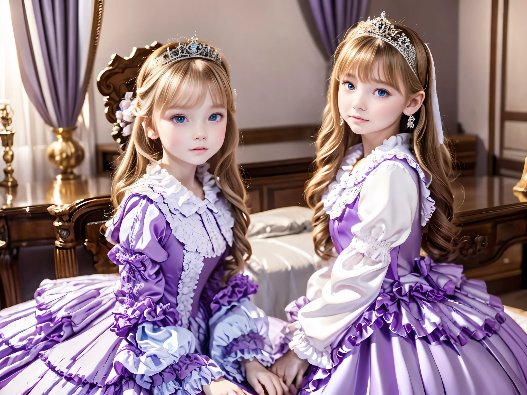 ,highest quality, masterpiece, highest resolution, artwork, super それにget used to it, many get used to it, get used to it, それにget used to it, 3k realistic pictures,,(( s)),Ultra-detailed juvenile face,three are princesses,full length ball gown dress with hoop skirt,ruffled yoke collar,puff sleeves,long sleeve,((Lolita stylrple detailed princess satin dress with lots of ruffles and ribbons)),Rococo style lolita fashion,y satin dress,Soft and smooth fabric,luxury,long blonde hair,blue eyes,white skin european,Pajama,((in the bedroom)),luxury princess canopy frilled bed,super detailed bed,they are lying on the bed,High-quality background,
