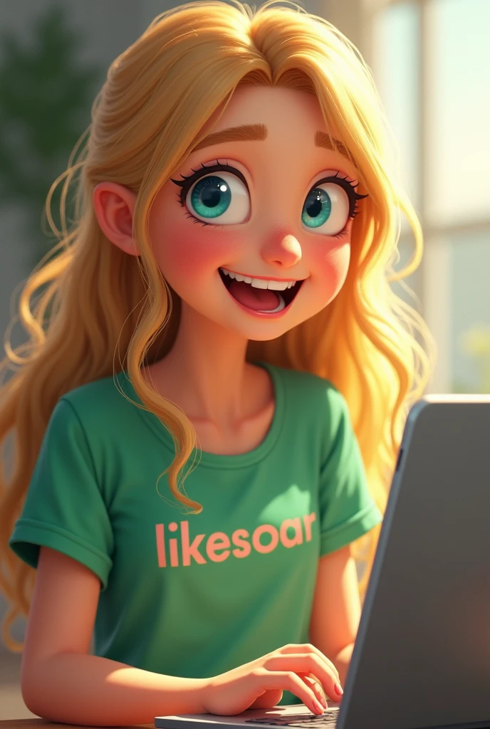 Adult beautiful smiling girl with blonde hair and computer in a green t-shirt with the words LikeSoar written on it