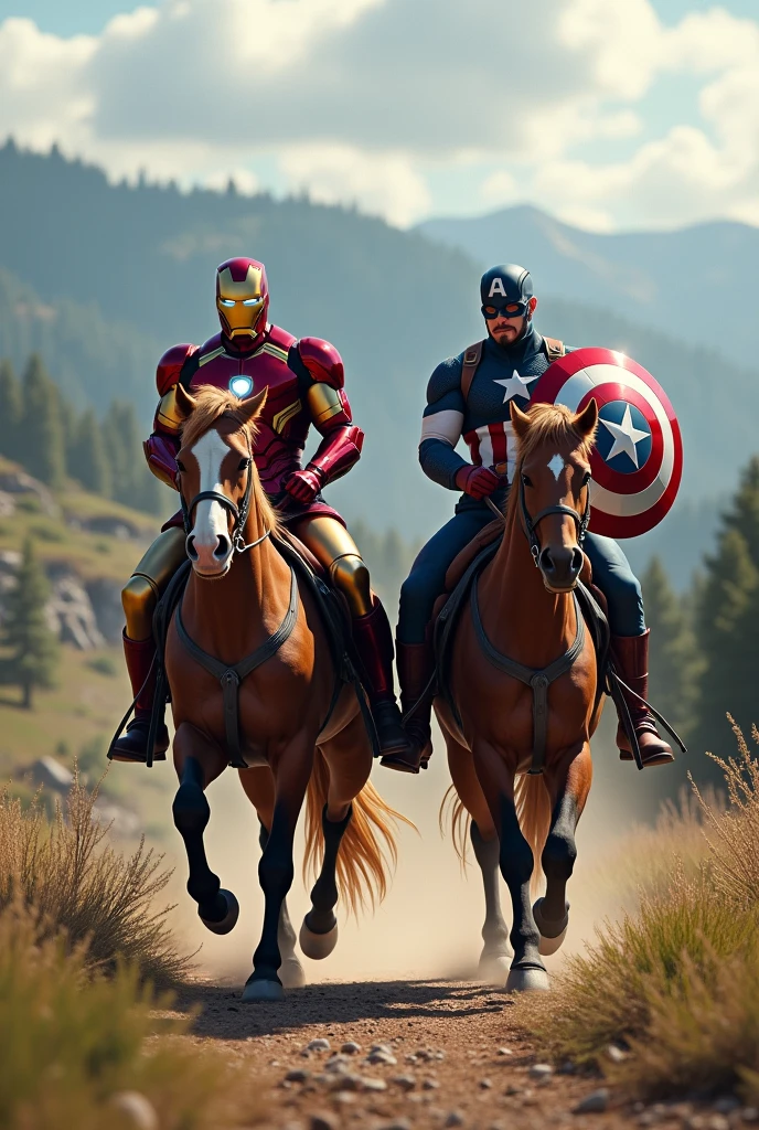 Ironman and captain America are horse riding 