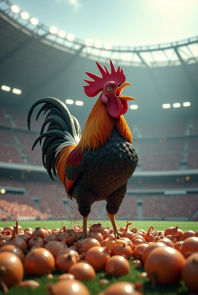 Angry rooster crushing and destroying onions inside a football stadium.